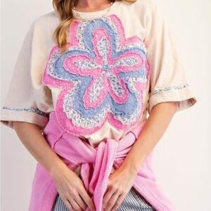 #170 Easel Beige Top with Pink and Blue Floral Design